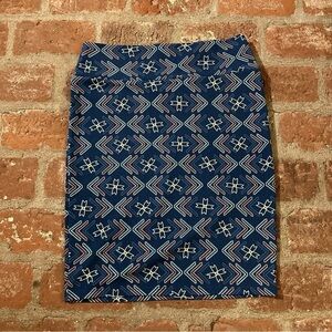 LuLaRoe Blue Orange Yellow white Geometric Cassie Pencil Skirt Size Large